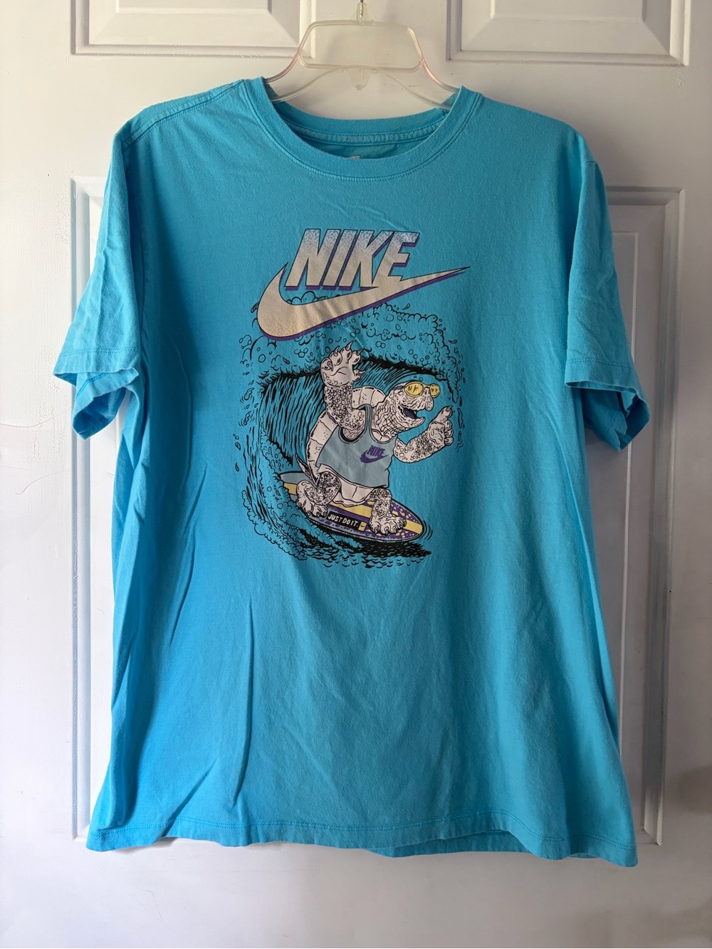 Nike Surfing Turtle Graphic Tee Turquoise Blue Shirt Mens L Spellout Swoosh